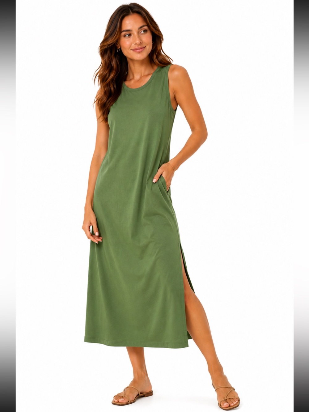 Athleta Green Supima Cotton Sleeveless Midi Dress — Size L